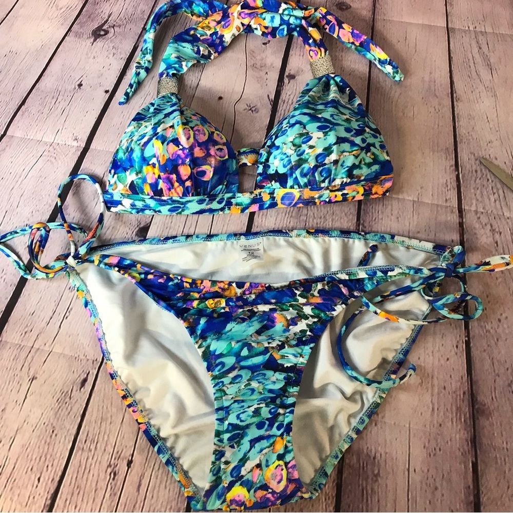 NWOT Turquoise Pink Venus Goddess Bikini Halter Top (32A) String Bottoms (12)